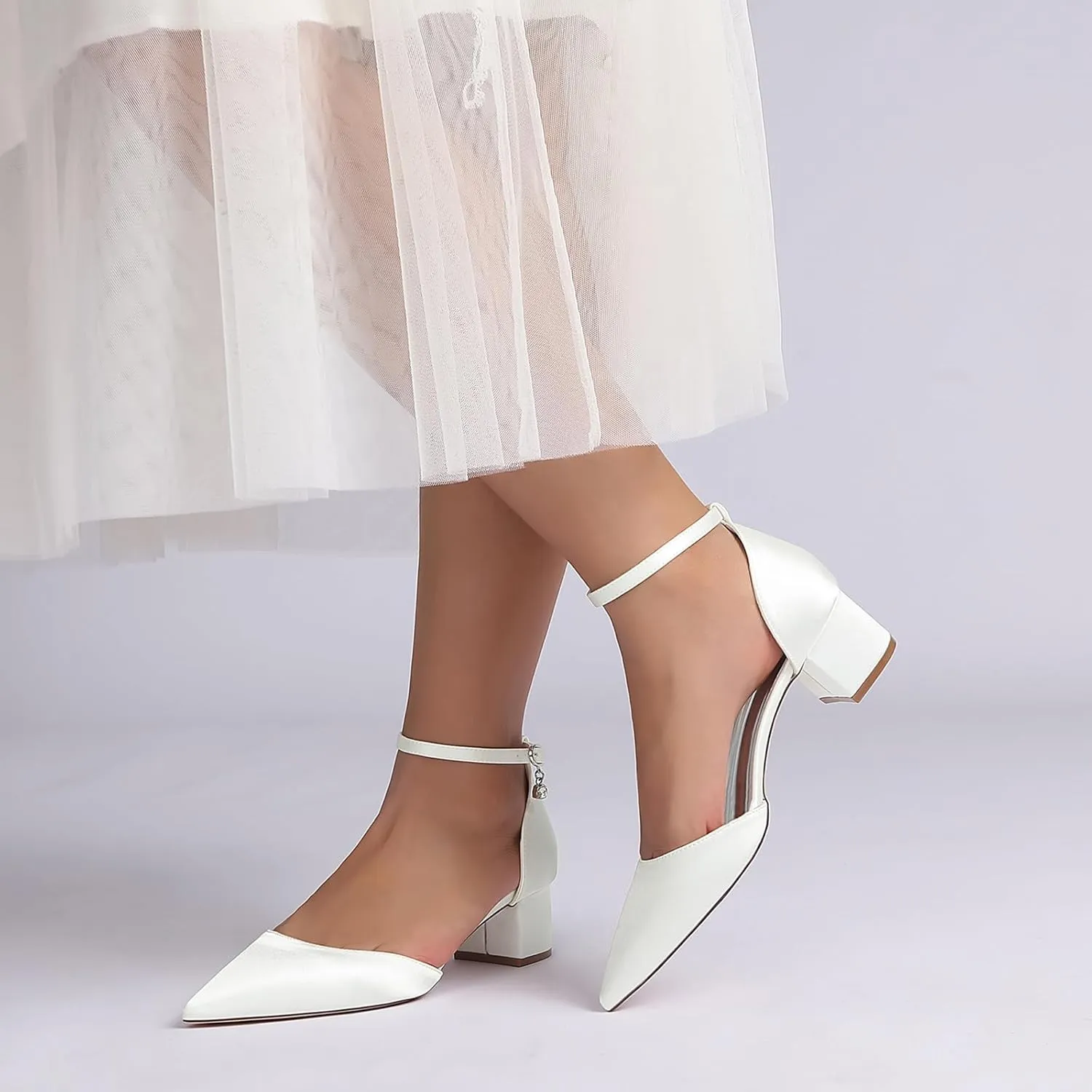 Women's Chunky Block High Heels Pointed Toe Satin Bridal Sandals Ankle Strap Dress Shoes Wedding Party Pump