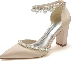 Women's Chunky Block High Heels Pointed Toe Satin Sandals Ankle Strap Dress Shoes Wedding Party Pump with Pearl