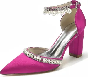 Women's Chunky Block High Heels Pointed Toe Satin Sandals Ankle Strap Dress Shoes Wedding Party Pump with Pearl
