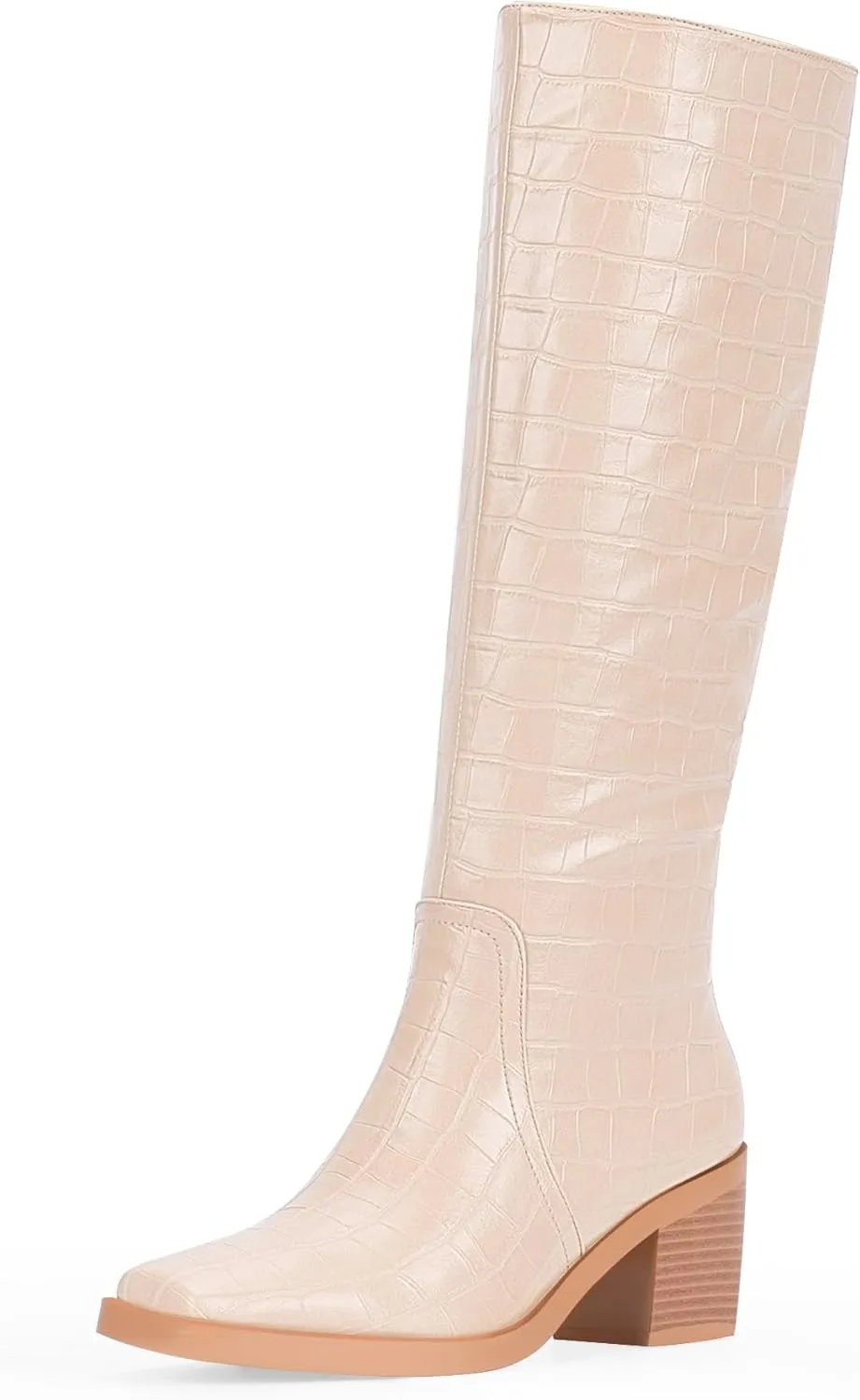 Women's Chunky Heel Square Toe Knee High Boots Slip On Patent Leather Crocodile Boots
