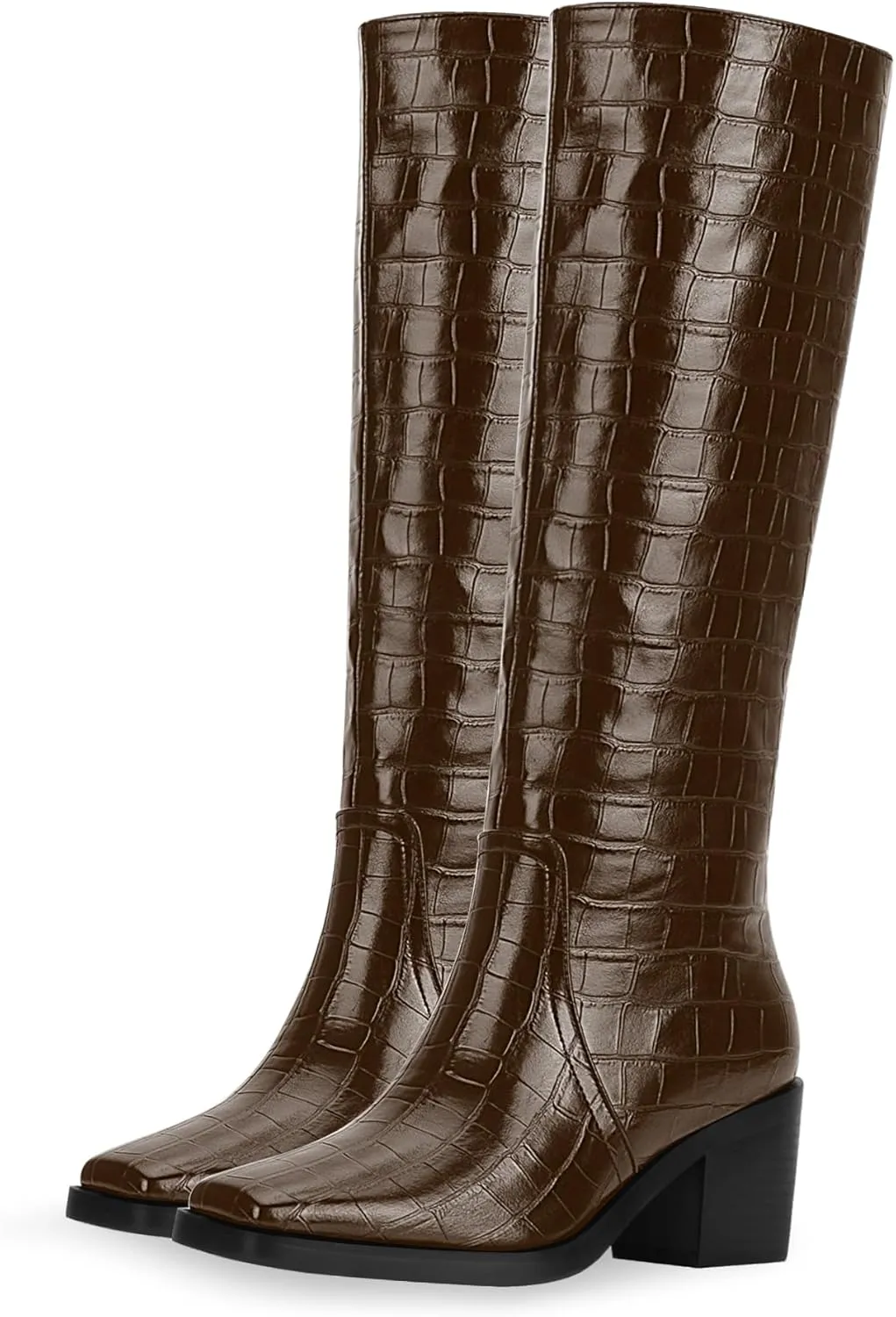 Women's Chunky Heel Square Toe Knee High Boots Slip On Patent Leather Crocodile Boots