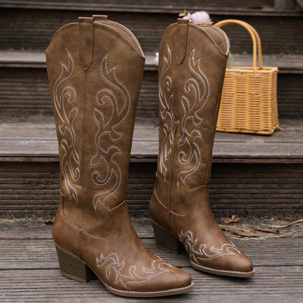 Women's Chunky Heel Western Cowboy Boots Stylish Side Zipper Boots Fashion Pointed Toe Long Boots