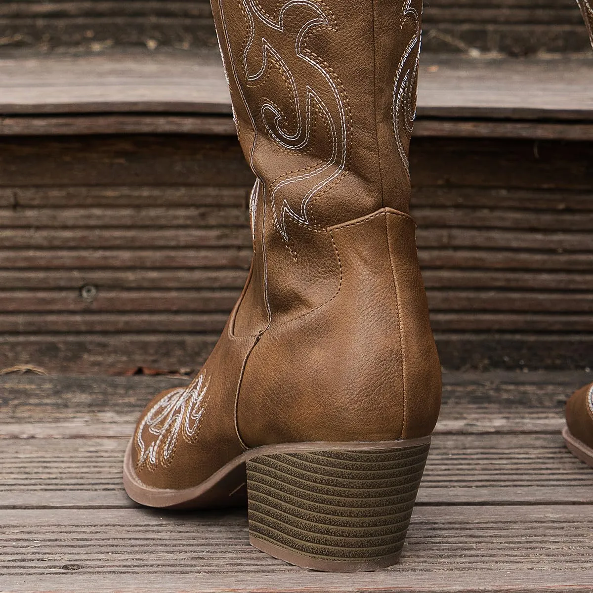 Women's Chunky Heel Western Cowboy Boots Stylish Side Zipper Boots Fashion Pointed Toe Long Boots