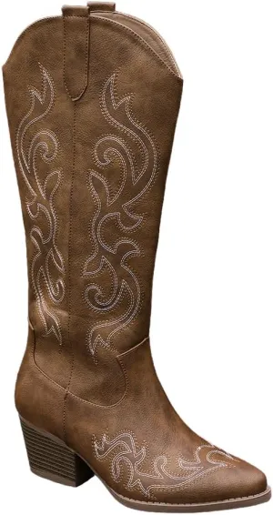Women's Chunky Heel Western Cowboy Boots Stylish Side Zipper Boots Fashion Pointed Toe Long Boots