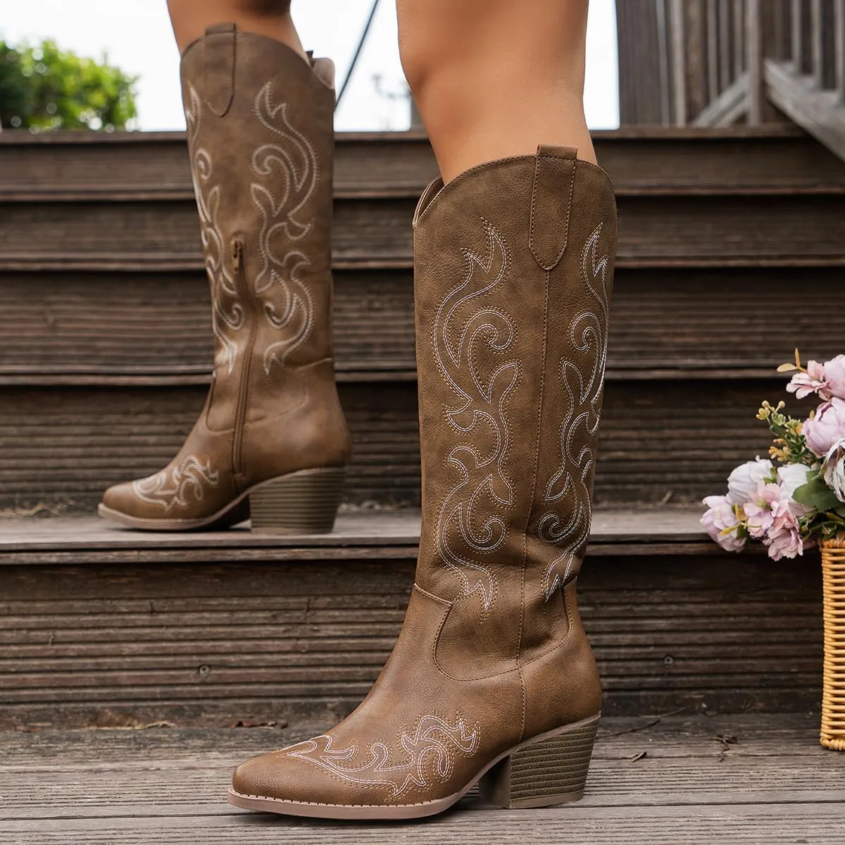 Women's Chunky Heel Western Cowboy Boots Stylish Side Zipper Boots Fashion Pointed Toe Long Boots