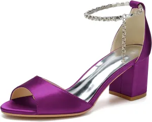 Women's Chunky Heels Metallic Glitter Chain Strap High Heel Peep Toe Wedding Sandals,Purple,6