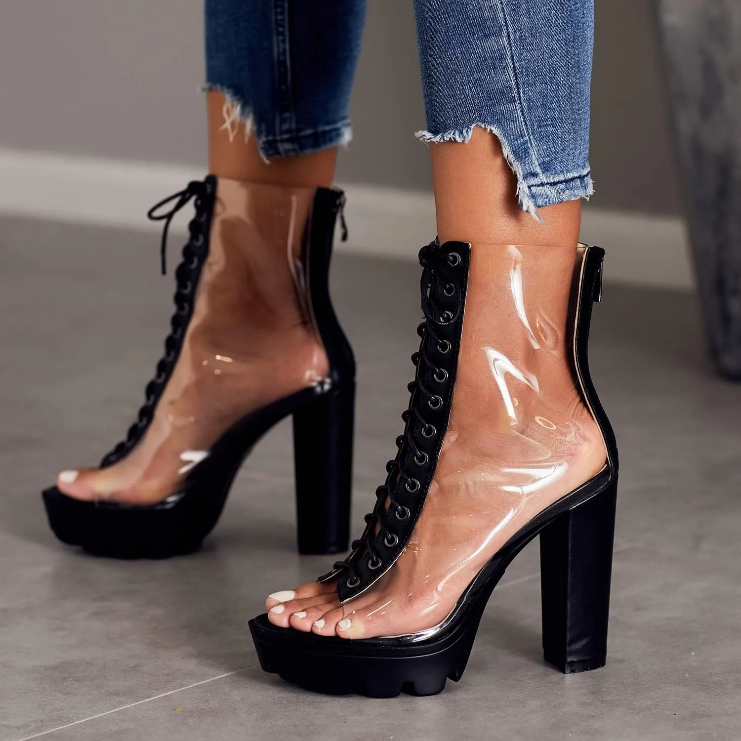 Women's Clear Pvc Chunky Heel Open Toe Booties, Transparent High Heel Peep Toe Boots, Block Summer Ankle Boots Sandals
