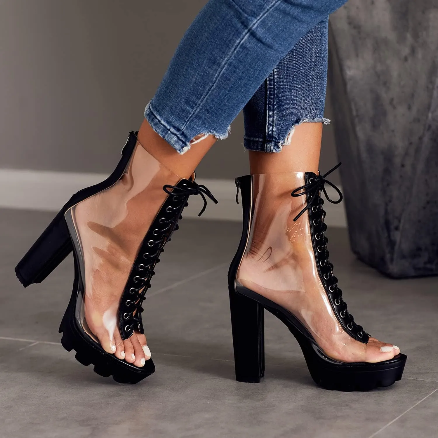 Women's Clear Pvc Chunky Heel Open Toe Booties, Transparent High Heel Peep Toe Boots, Block Summer Ankle Boots Sandals