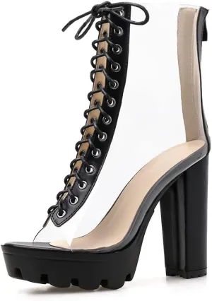 Women's Clear Pvc Chunky Heel Open Toe Booties, Transparent High Heel Peep Toe Boots, Block Summer Ankle Boots Sandals