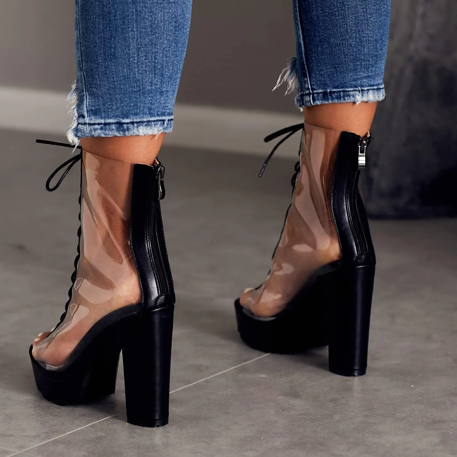Women's Clear Pvc Chunky Heel Open Toe Booties, Transparent High Heel Peep Toe Boots, Block Summer Ankle Boots Sandals