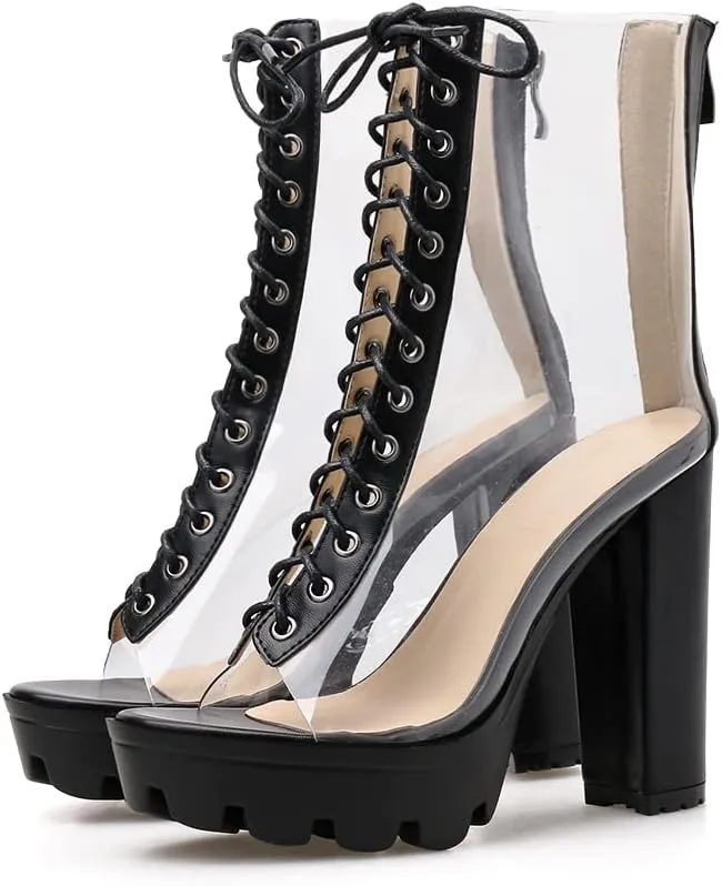 Women's Clear Pvc Chunky Heel Open Toe Booties, Transparent High Heel Peep Toe Boots, Block Summer Ankle Boots Sandals
