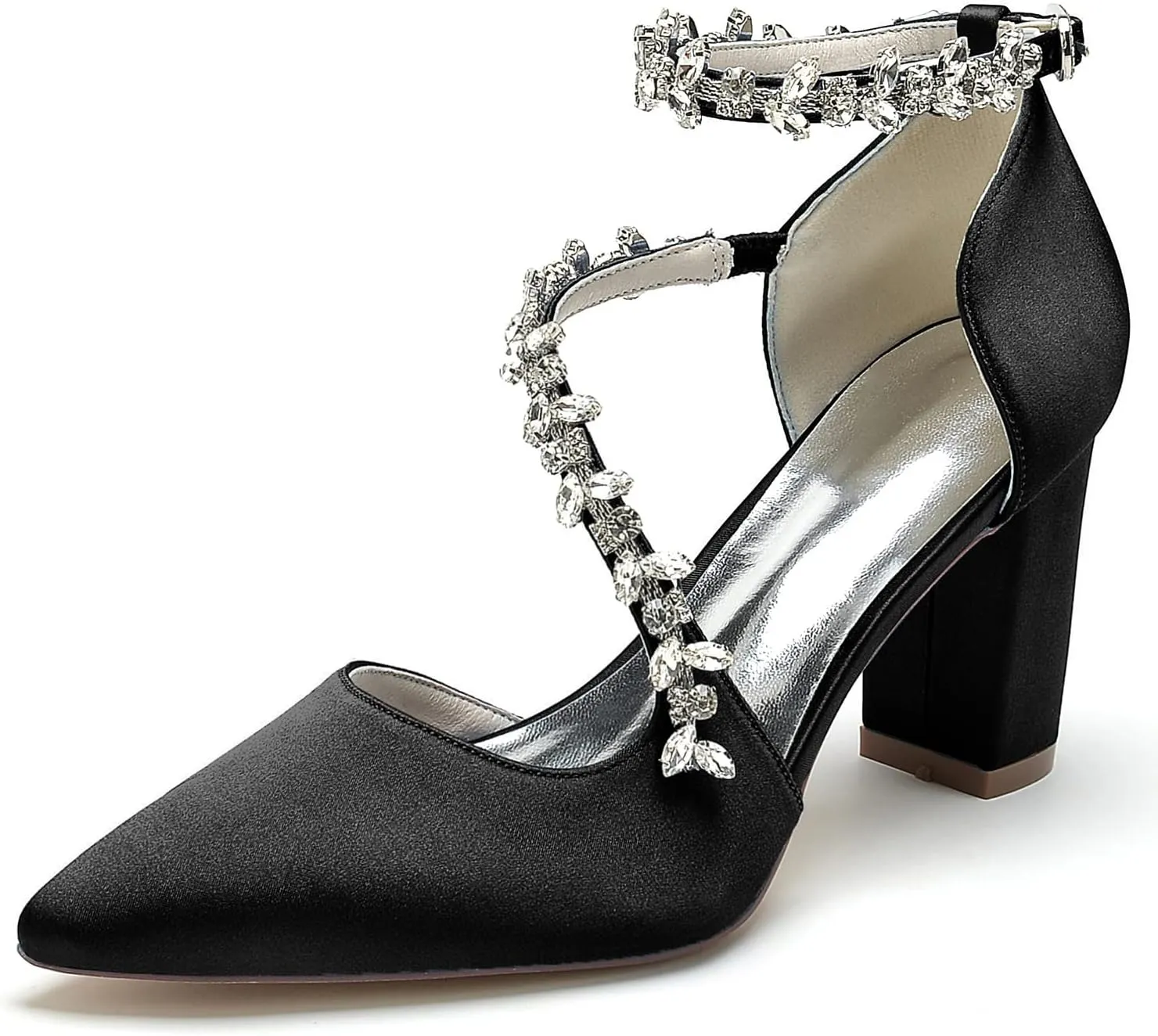 Women's Closed Toe Satin High Heels Chunky Block Ankle Strap Rhinestones Wedding Pumps Prom Evening Party Dress Shoes Sandal