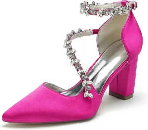 Women's Closed Toe Satin High Heels Chunky Block Ankle Strap Rhinestones Wedding Pumps Prom Evening Party Dress Shoes Sandal