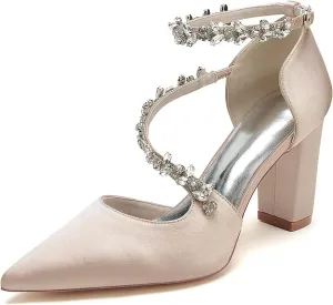 Women's Closed Toe Satin High Heels Chunky Block Ankle Strap Rhinestones Wedding Pumps Prom Evening Party Dress Shoes Sandal