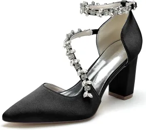 Women's Closed Toe Satin High Heels Chunky Block Ankle Strap Rhinestones Wedding Pumps Prom Evening Party Dress Shoes Sandal
