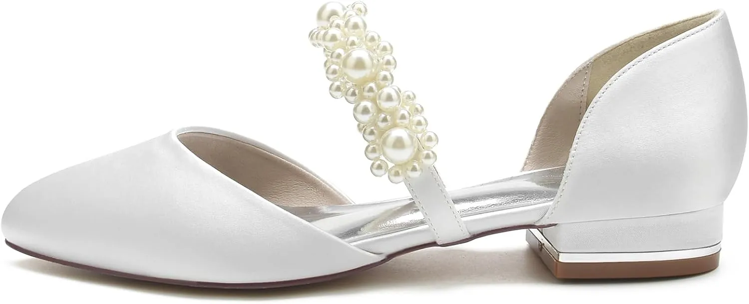 Women's Closed Toe Wedding Satin Flats for Bride Comfortable Wedding Pearl Shoes Low Heels Bridal Flats Evening Dress Shoes Pumps