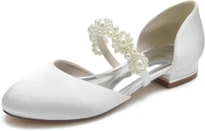 Women's Closed Toe Wedding Satin Flats for Bride Comfortable Wedding Pearl Shoes Low Heels Bridal Flats Evening Dress Shoes Pumps