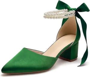 Women's Closed Toe Wedding Shoes Chunky Block Heels with Pearls Satin Pumps Ankle Strap Prom Evening Party Shoes