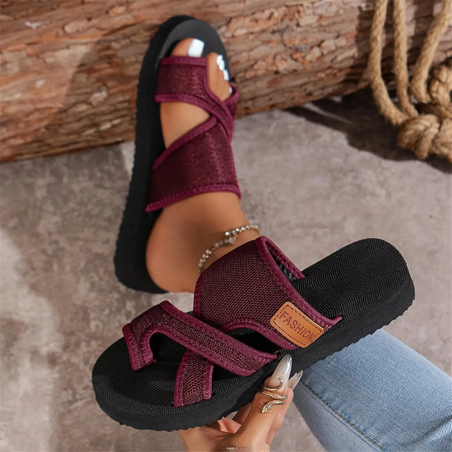 Women's Comfortable Breathable Mesh Flip Flops, Hollow Mesh Slide Sandals, Arch Support, and Adjustable Straps