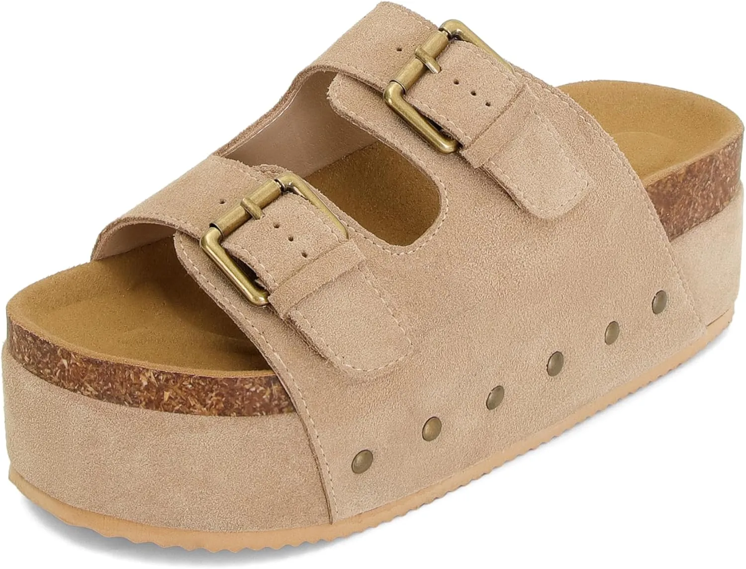 Womens Cork Platform Sandals Adjustable Buckle Straps Band Suede Clogs Platform Slip On Flatform Sandals