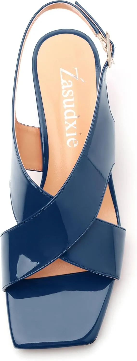 Women's Criss Cross Sandals Square Open Toe Block Chunky Low Heel Slingback Ankle Strap Adjustable with Buckle Patent Dating Fashion Dress Shoes 2 Inch