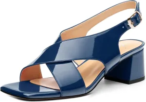 Women's Criss Cross Sandals Square Open Toe Block Chunky Low Heel Slingback Ankle Strap Adjustable with Buckle Patent Dating Fashion Dress Shoes 2 Inch