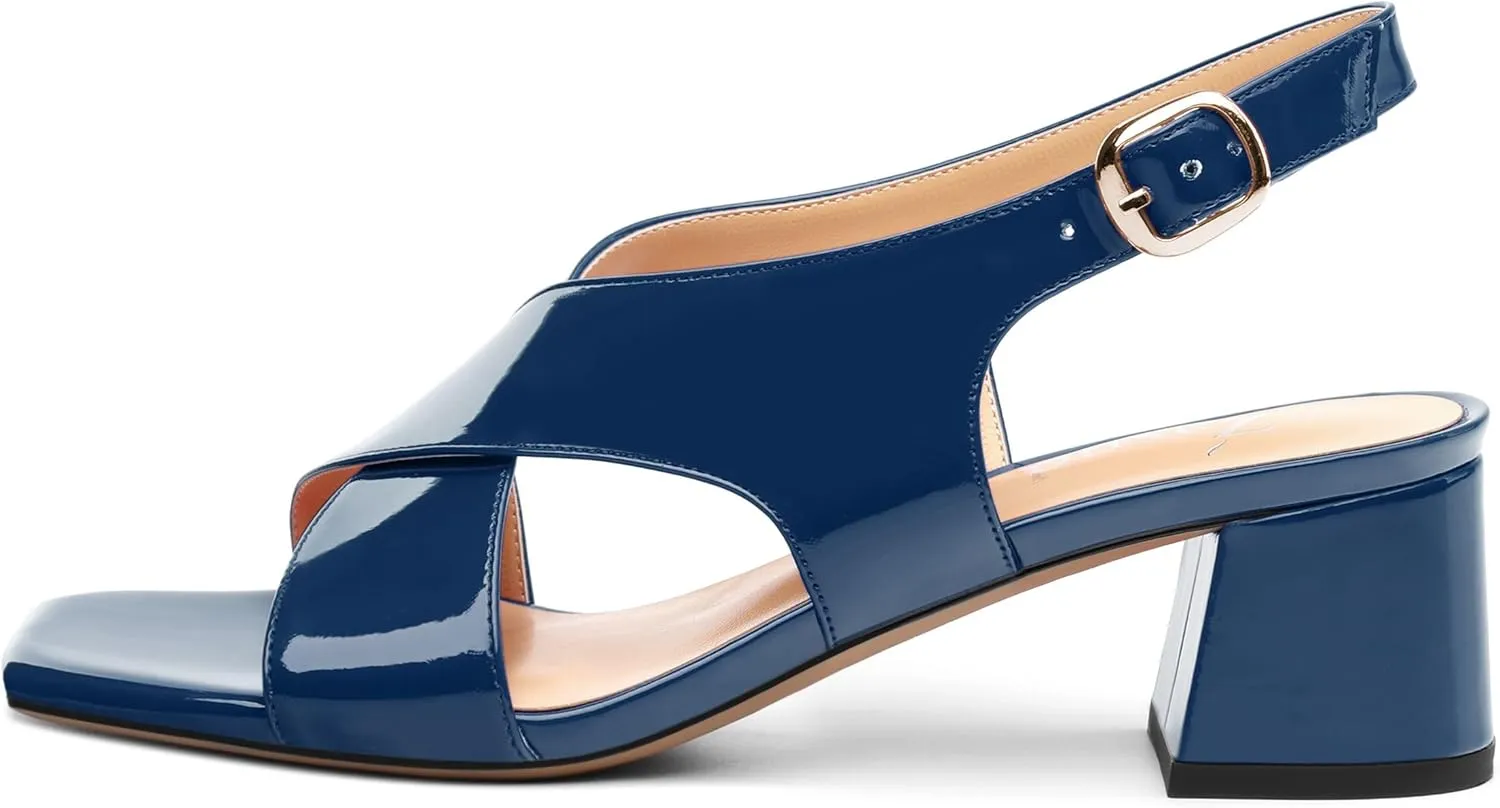 Women's Criss Cross Sandals Square Open Toe Block Chunky Low Heel Slingback Ankle Strap Adjustable with Buckle Patent Dating Fashion Dress Shoes 2 Inch
