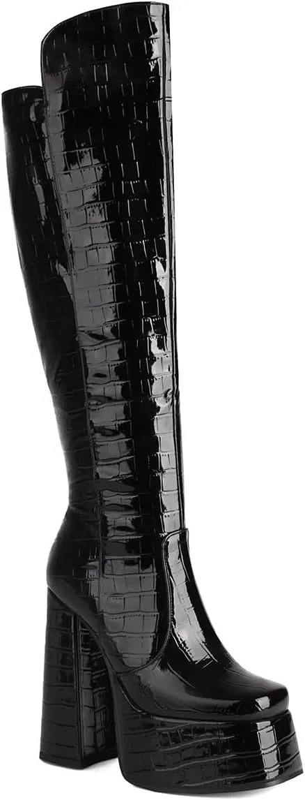 Women's Crocodile Chunky Heel Platform Square toe Knee High Boots Side Zipper Tall Boots Comfortable Stylish High heels Winter Boots