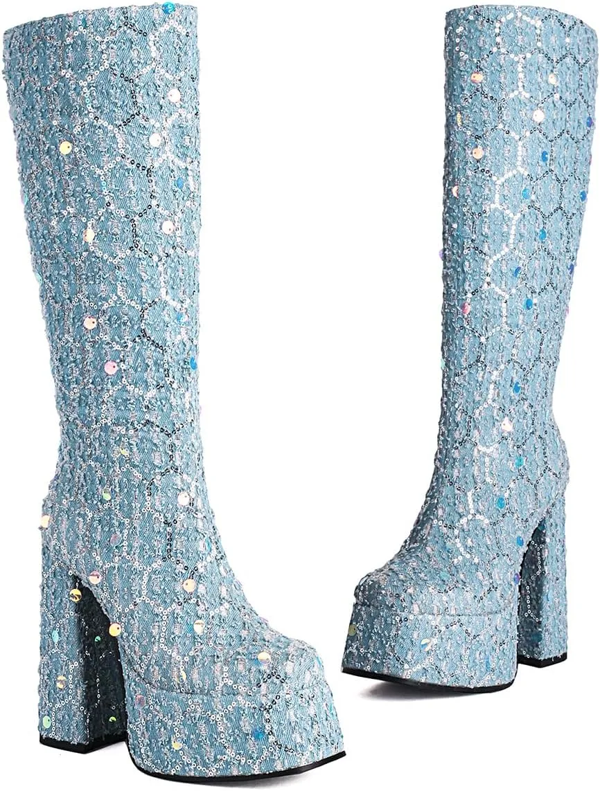 Women's Crocodile Chunky Heel Platform Square toe Knee High Boots Side Zipper Tall Boots Comfortable Stylish High heels Winter Boots