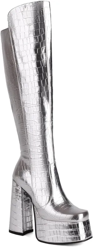 Women's Crocodile Chunky Heel Platform Square toe Knee High Boots Side Zipper Tall Boots Comfortable Stylish High heels Winter Boots