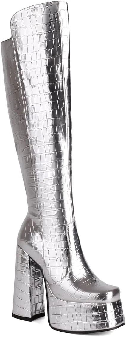 Women's Crocodile Chunky Heel Platform Square toe Knee High Boots Side Zipper Tall Boots Comfortable Stylish High heels Winter Boots