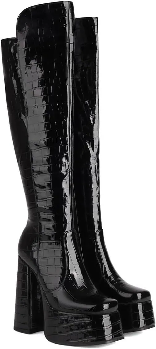 Women's Crocodile Chunky Heel Platform Square toe Knee High Boots Side Zipper Tall Boots Comfortable Stylish High heels Winter Boots