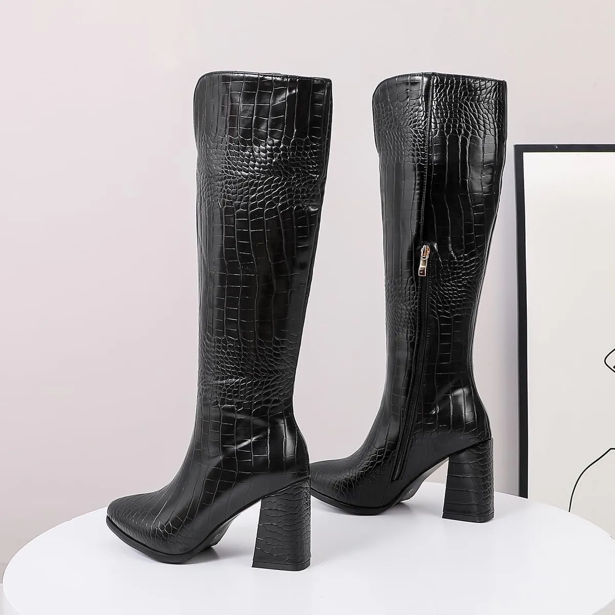 Women's Crocodile Chunky Heel Pointed toe Side Zipper Knee High Boots Faux Leather Tall Boots Soft Fur Lining Comfortable Stylish Winter Boots