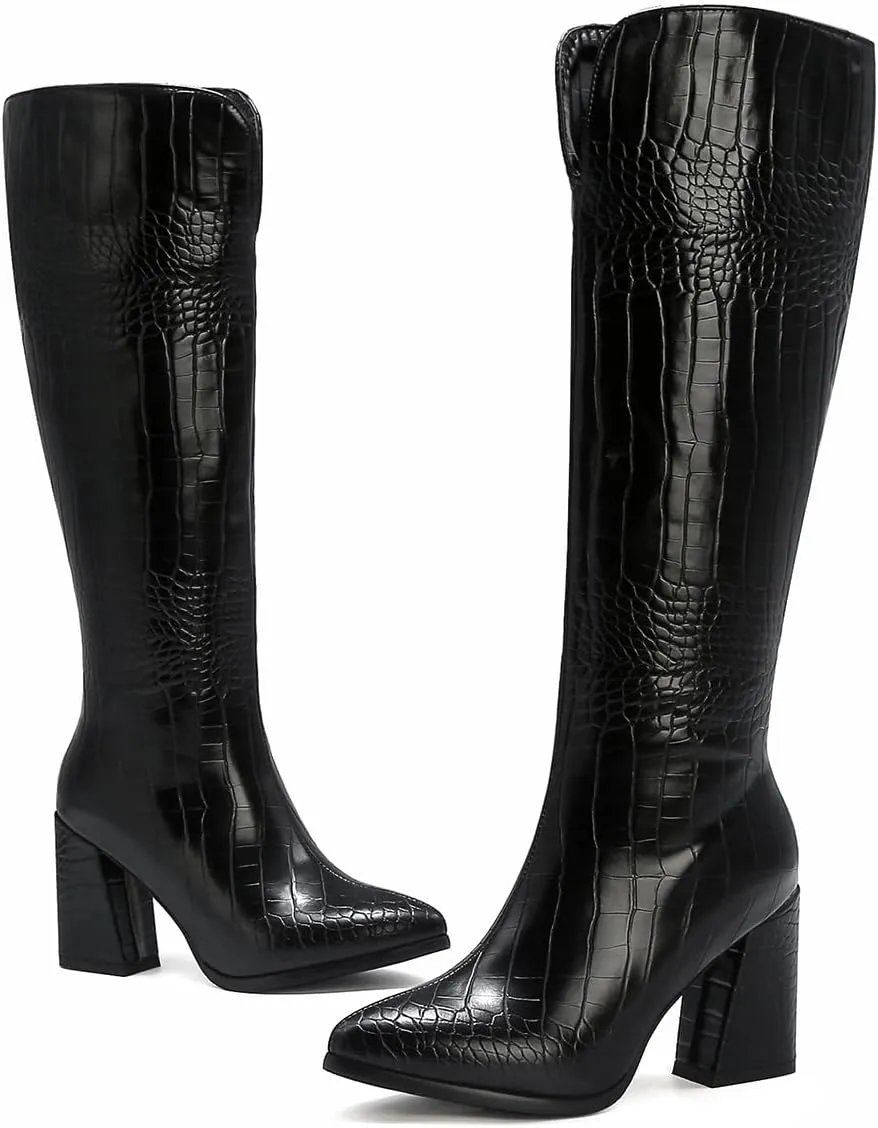Women's Crocodile Chunky Heel Pointed toe Side Zipper Knee High Boots Faux Leather Tall Boots Soft Fur Lining Comfortable Stylish Winter Boots