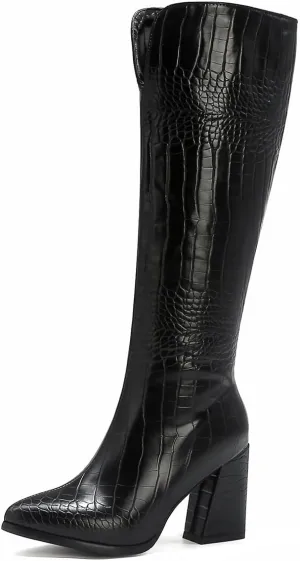 Women's Crocodile Chunky Heel Pointed toe Side Zipper Knee High Boots Faux Leather Tall Boots Soft Fur Lining Comfortable Stylish Winter Boots