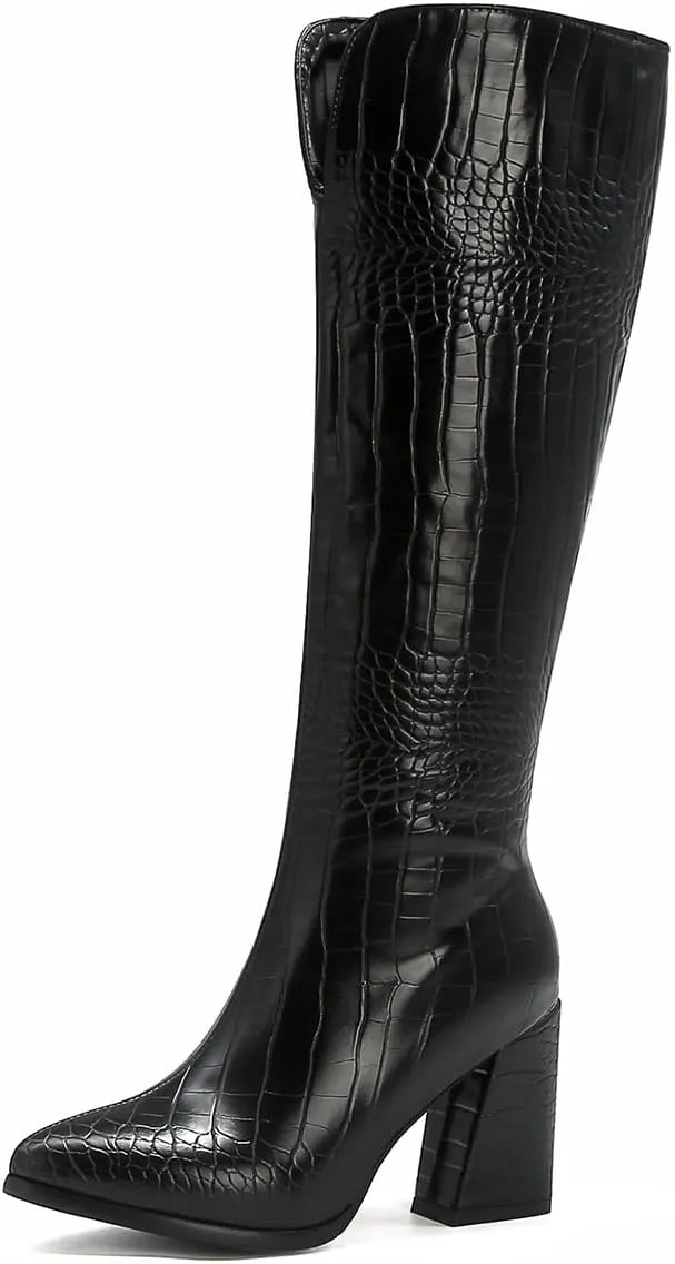 Women's Crocodile Chunky Heel Pointed toe Side Zipper Knee High Boots Faux Leather Tall Boots Soft Fur Lining Comfortable Stylish Winter Boots