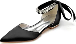 Women's Crystal Pointed Toe Satin Flats Wedding Shoes for Bride Closed Toe Bridal Shoes Ankle Strap Prom Party Dress Pumps with Bow
