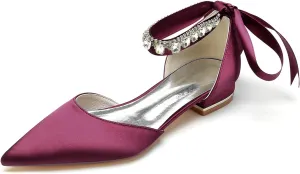 Women's Crystal Pointed Toe Satin Flats Wedding Shoes for Bride Closed Toe Bridal Shoes Ankle Strap Prom Party Dress Pumps with Bow
