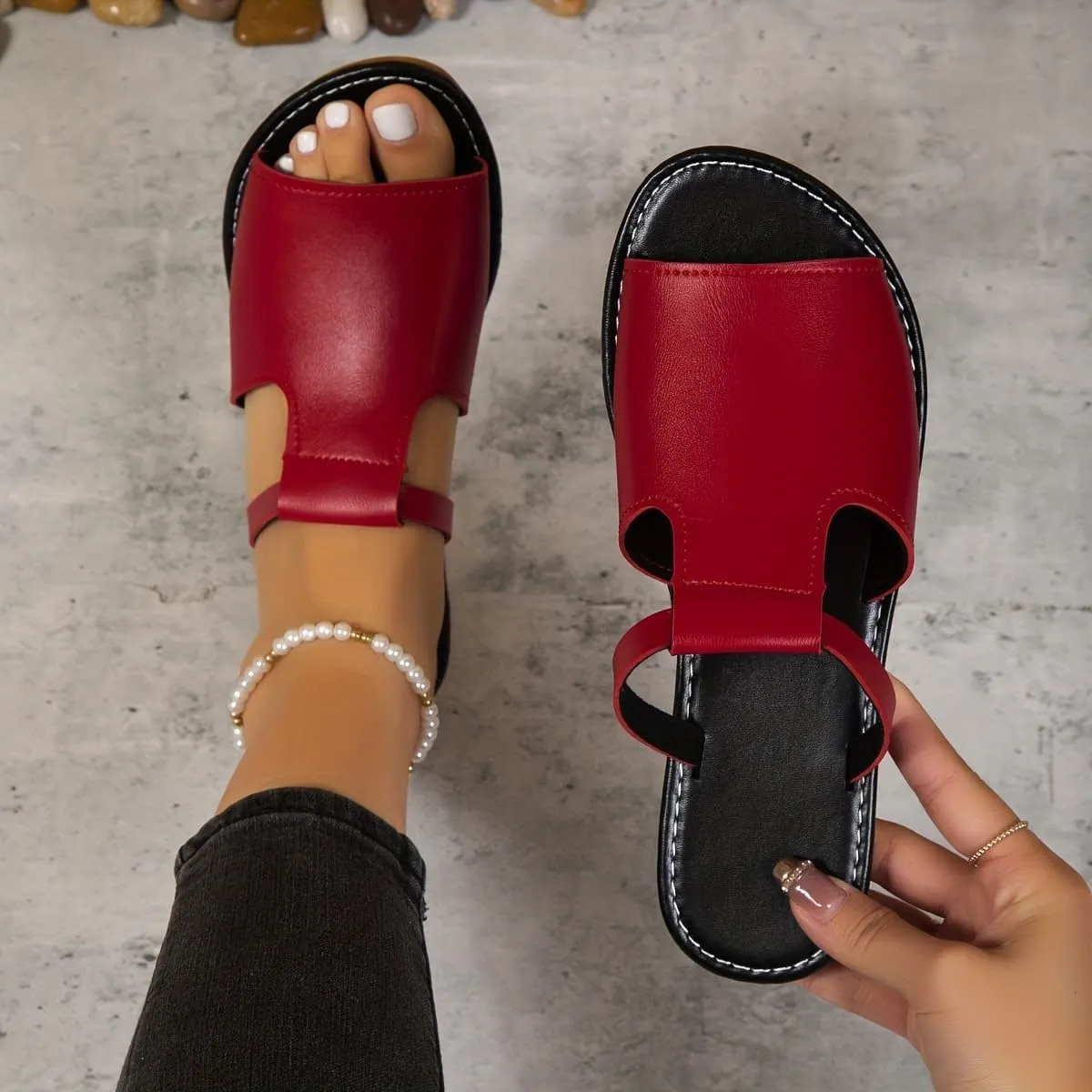 Women's Cut Out Slide Sandals, Trendy Leather Flat, Lightweight Slip On Outdoor sandbeach Shoes