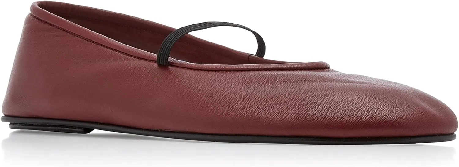Women's Elastic Leather Ballet Flats Round-Toe Slim Strap Ballerina Shoes Comfortable Mary Jane Flat Shoe