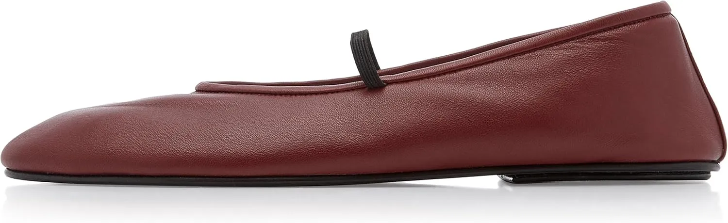 Women's Elastic Leather Ballet Flats Round-Toe Slim Strap Ballerina Shoes Comfortable Mary Jane Flat Shoe