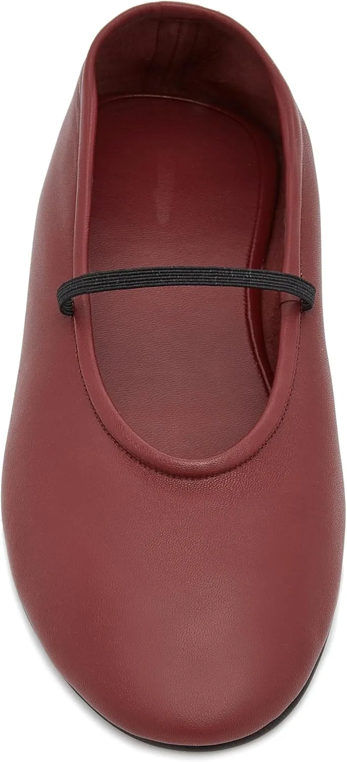 Women's Elastic Leather Ballet Flats Round-Toe Slim Strap Ballerina Shoes Comfortable Mary Jane Flat Shoe
