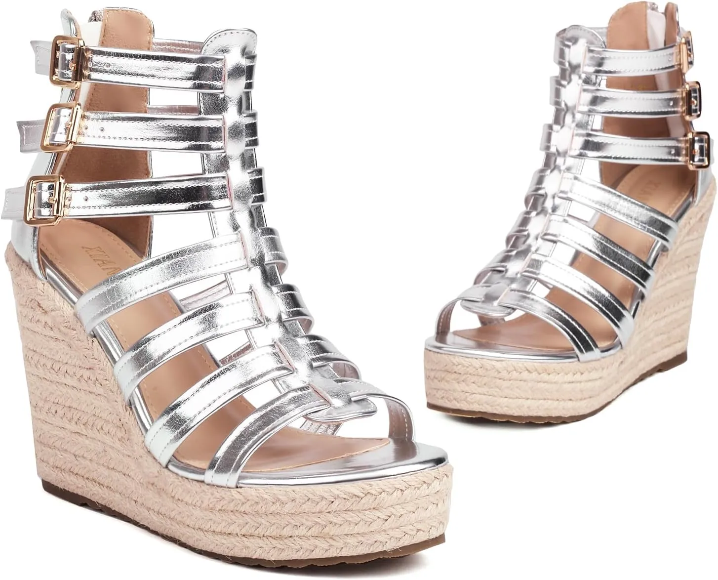 Women's Espadrilles Platform Wedge Sandals 4 Inch Adjustable Strappy with Back Zipper Open Toe Summer Vacation Dressy Wedge Heels