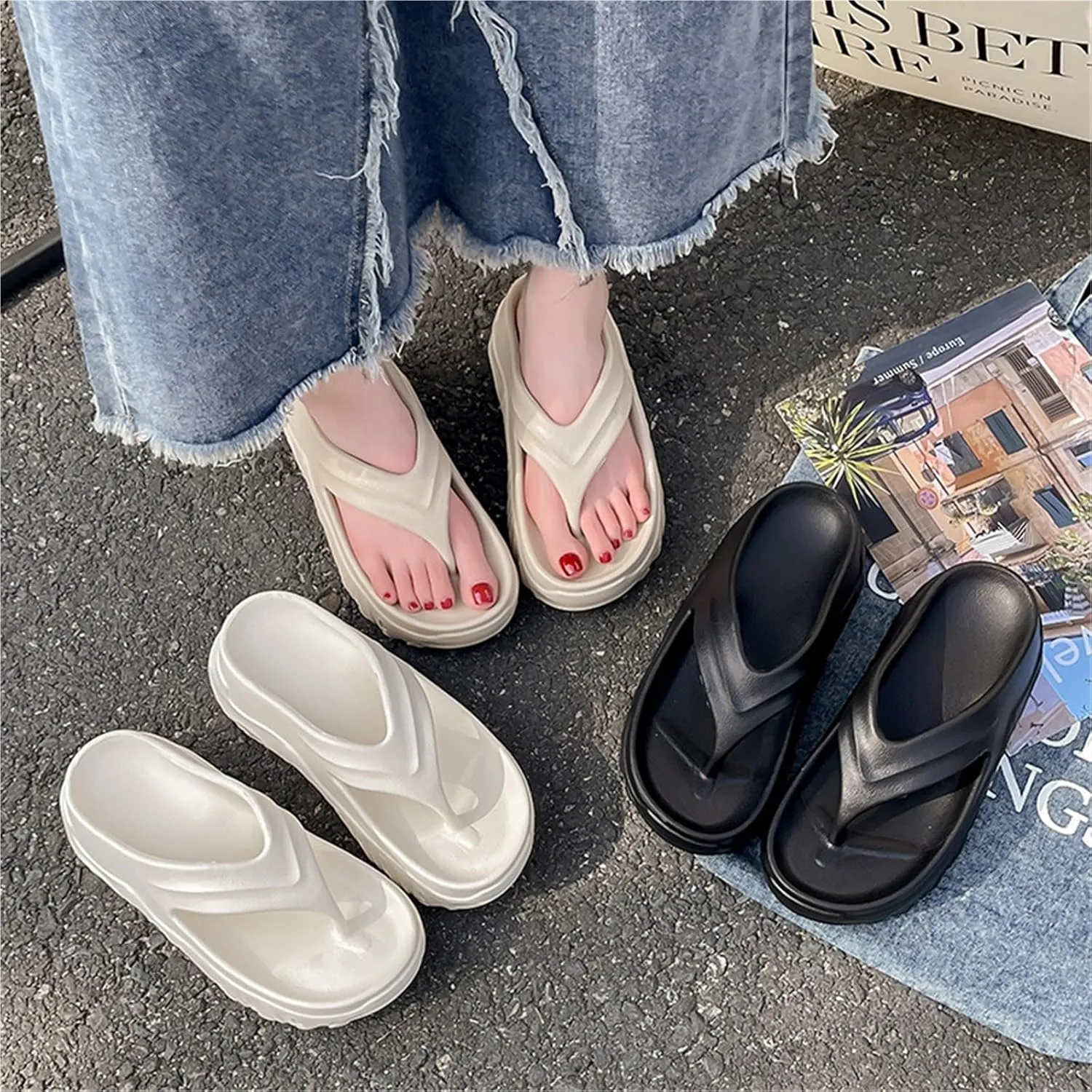 Women's EVA Platform Soft Sole Slippers Summer One Word Belt Hollow Out Backless Sandals Anti Slip Lightweight Breathable Slippers for Beach Outdoor
