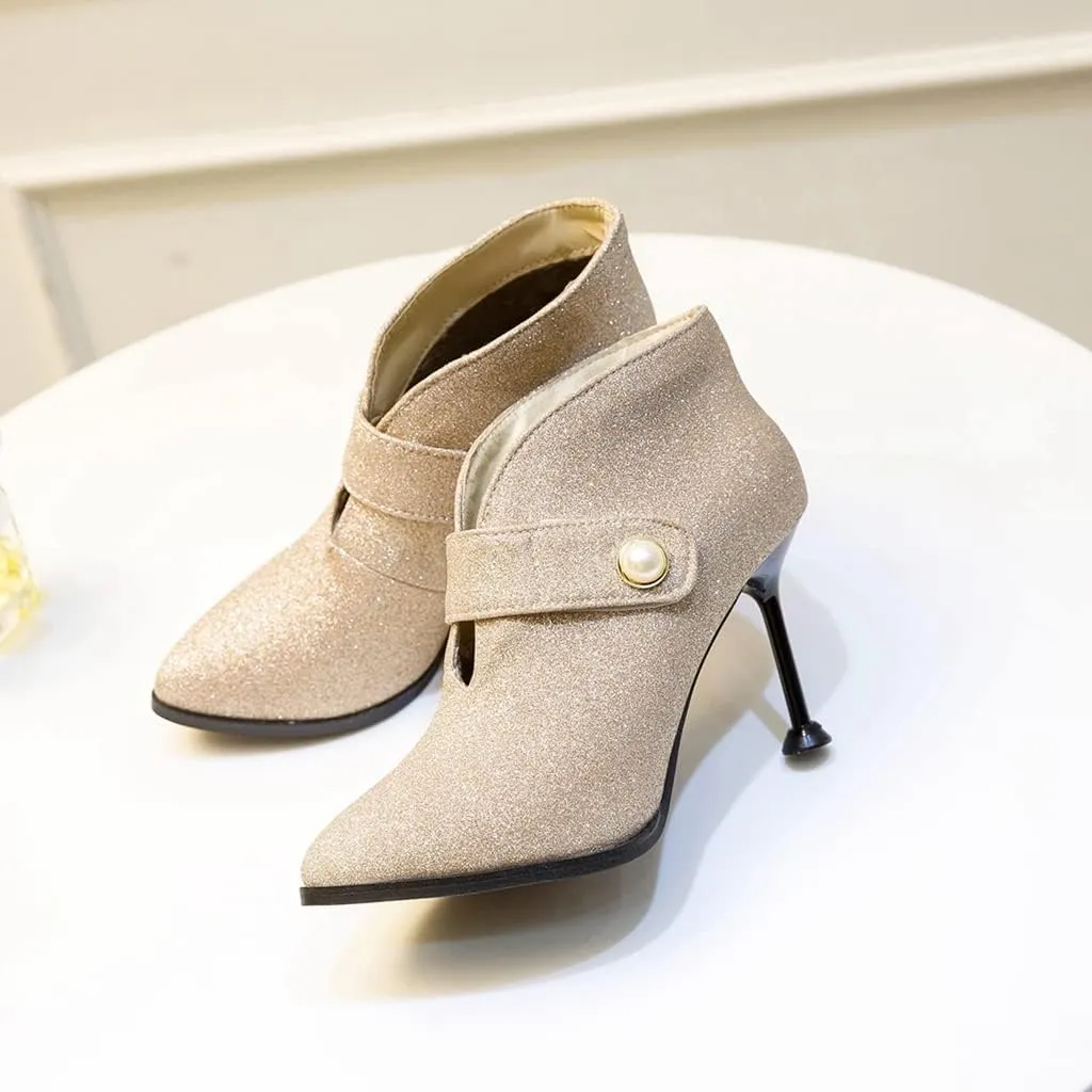 Women's Fashion Glitter Dressy Ankle Boots Pointed Toe Stilettos High Heels Elegant Short Booties