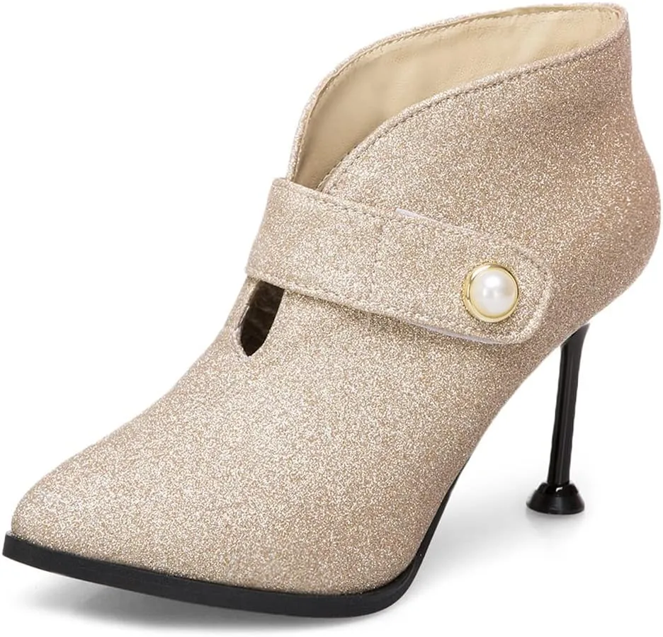 Women's Fashion Glitter Dressy Ankle Boots Pointed Toe Stilettos High Heels Elegant Short Booties