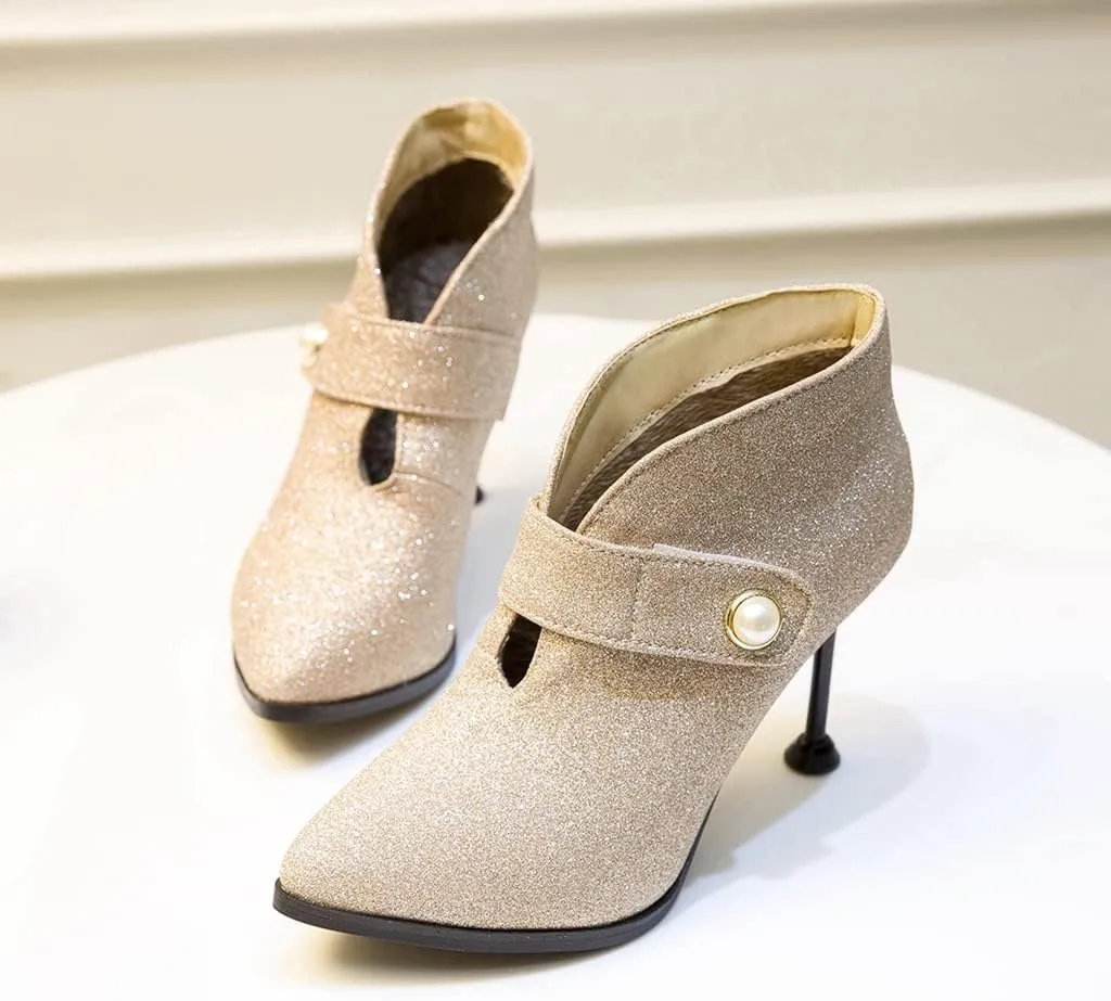 Women's Fashion Glitter Dressy Ankle Boots Pointed Toe Stilettos High Heels Elegant Short Booties