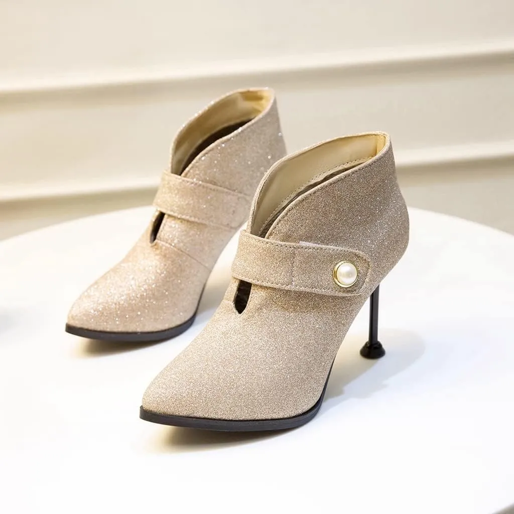 Women's Fashion Glitter Dressy Ankle Boots Pointed Toe Stilettos High Heels Elegant Short Booties