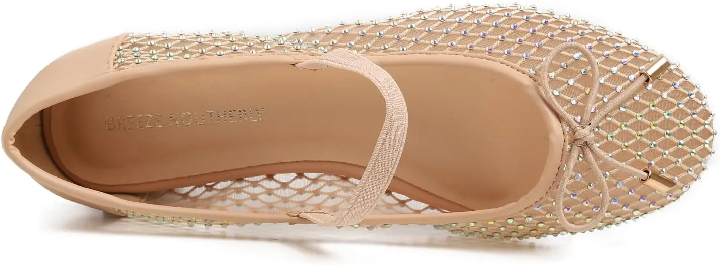 Women's Fashion Mesh Soft Mary Jane Round Toe Sparkle Flats