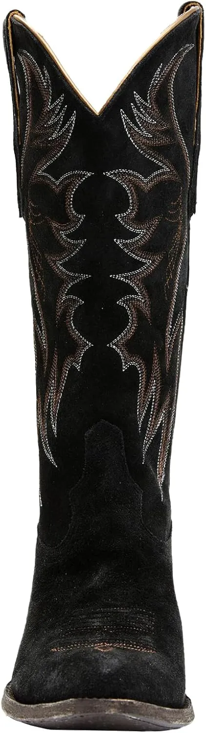 Womens Faux Suede Embroidered Cowboy Boots Pointed Toe Chunky Heel Cowboy Boots Pull On Womens Fashion Mid Calf Boots